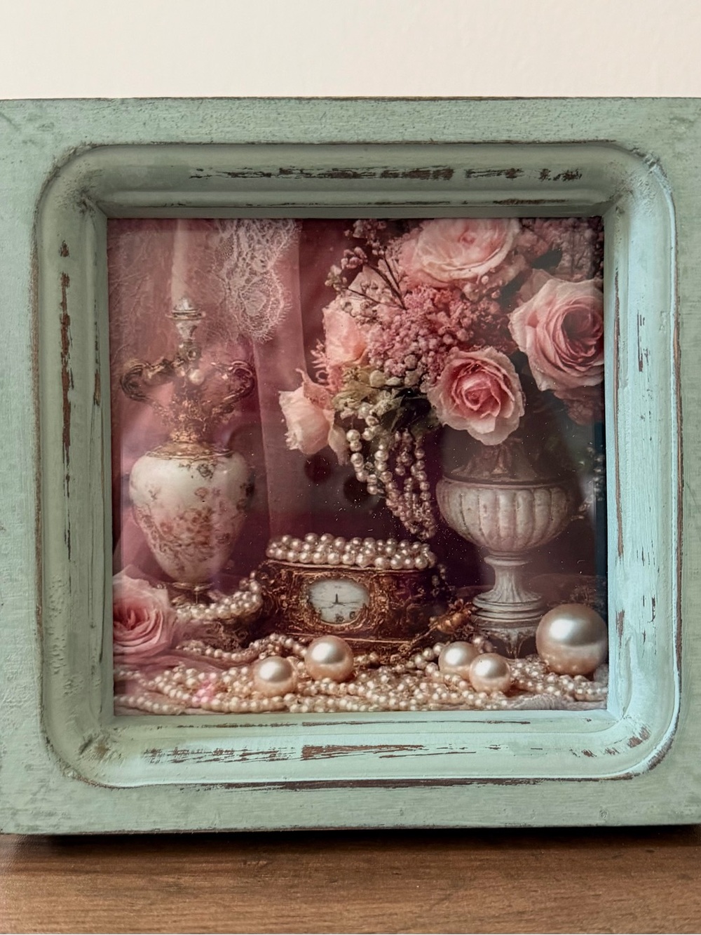 Romantic Pink Rose Still Life in Distressed Mint Frame